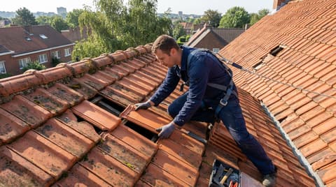 Couvreur intervenant sur une toiture en tuiles à Auderghem