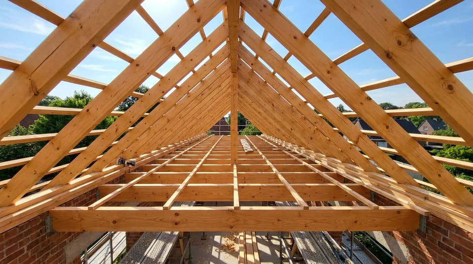 Charpente en bois mise à nu lors d’une rénovation de toiture à Auderghem