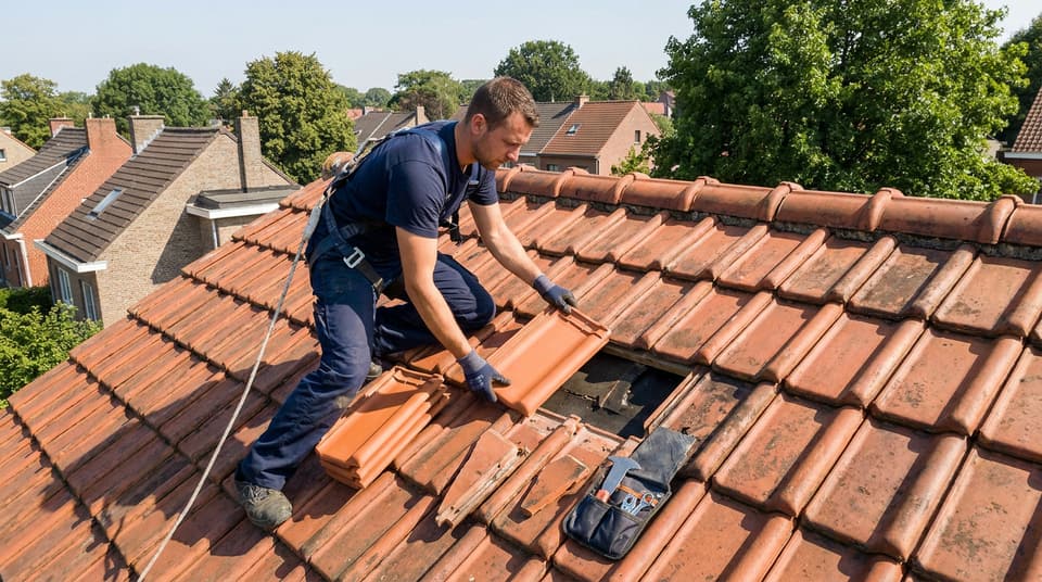 Couvreur intervenant sur une toiture en tuiles à Auderghem