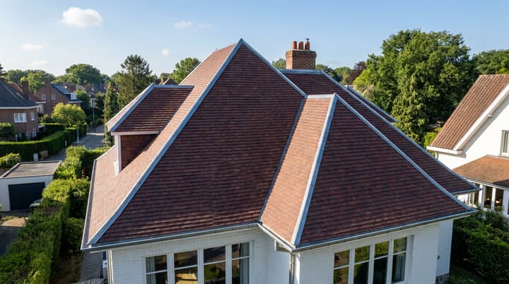 Toiture en tuiles terre cuite d'une maison unifamiliale vue du ciel à Auderghem